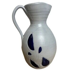 Williamsburg Pottery Salt Glaze Pitcher 7¼" Cobalt Blue Floral Stamped Americana